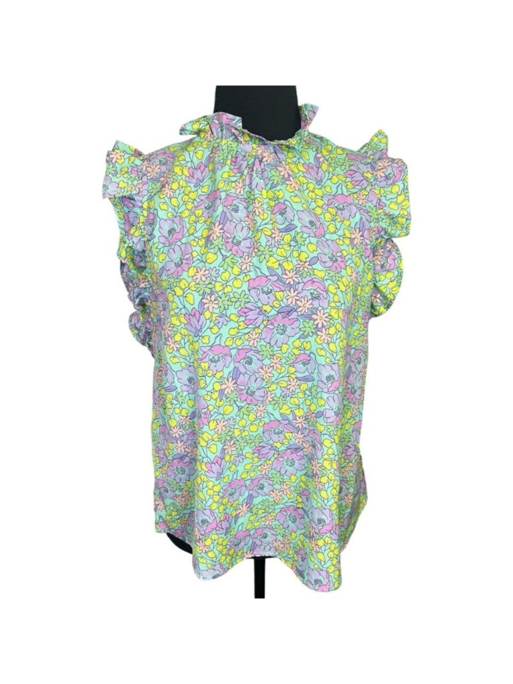 THML Floral Flutter Sleeve Blouse Sz S Aqua Ruffle Keyhole Button High Neck